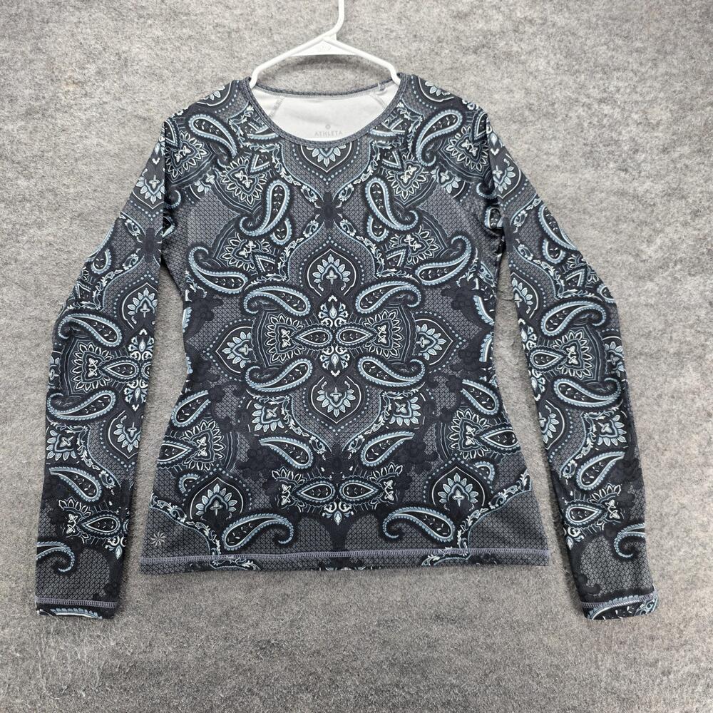 Athleta T-Shirt Womens S Gray Paisley Pullover Long Sleeve Yoga Slim Stretch